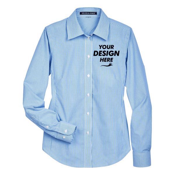Devon & Jones Women's Crown Collection® Banker Stripe Woven Dress Shirt, French Blue, Front view, Mockup