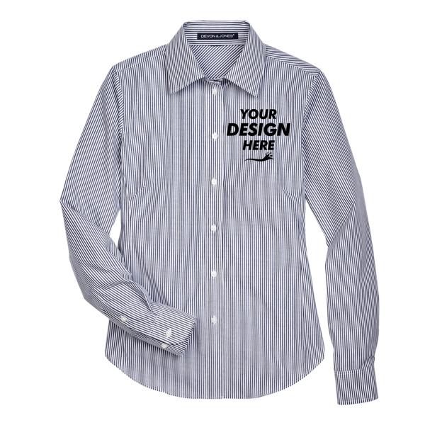 Devon & Jones Women's Crown Collection® Banker Stripe Woven Dress Shirt, Navy, Front view, Mockup