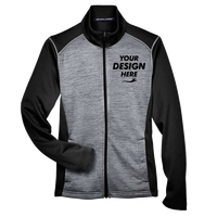 Devon & Jones Women's Newbury Colorblock Mélange Fleece Full-Zip Jacket, Black Heather / Dark Grey Heather, Front view, Mockup