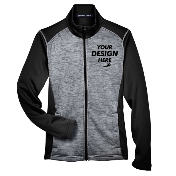 Devon & Jones Women's Newbury Colorblock Mélange Fleece Full-Zip Jacket, Black Heather / Dark Grey Heather, Front view, Mockup