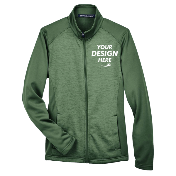 Devon & Jones Women's Newbury Colorblock Mélange Fleece Full-Zip Jacket, Forest / Forest Heather, Front view, Mockup