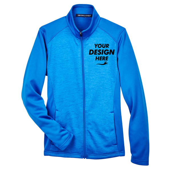 Devon & Jones Women's Newbury Colorblock Mélange Fleece Full-Zip Jacket, French Blue / French Blue Heather, Front view, Mockup