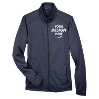 Devon & Jones Women's Newbury Colorblock Mélange Fleece Full-Zip Jacket, Navy / Navy Heather, Front view, Mockup
