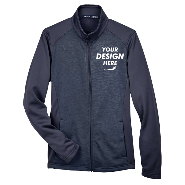 Devon & Jones Women's Newbury Colorblock Mélange Fleece Full-Zip Jacket, Navy / Navy Heather, Front view, Mockup
