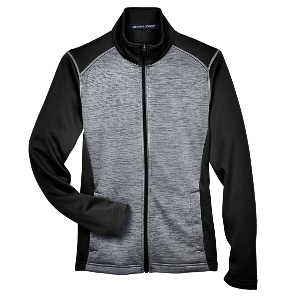 Devon & Jones Women's Newbury Colorblock Mélange Fleece Full-Zip Jacket, Black Heather / Dark Grey Heather, Front view