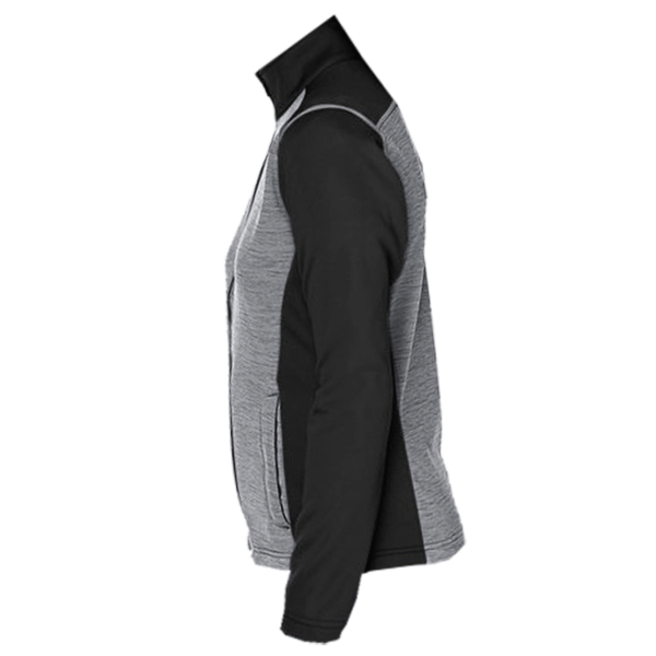 Devon & Jones Women's Newbury Colorblock Mélange Fleece Full-Zip Jacket, Black Heather / Dark Grey Heather, Left Sleeve view