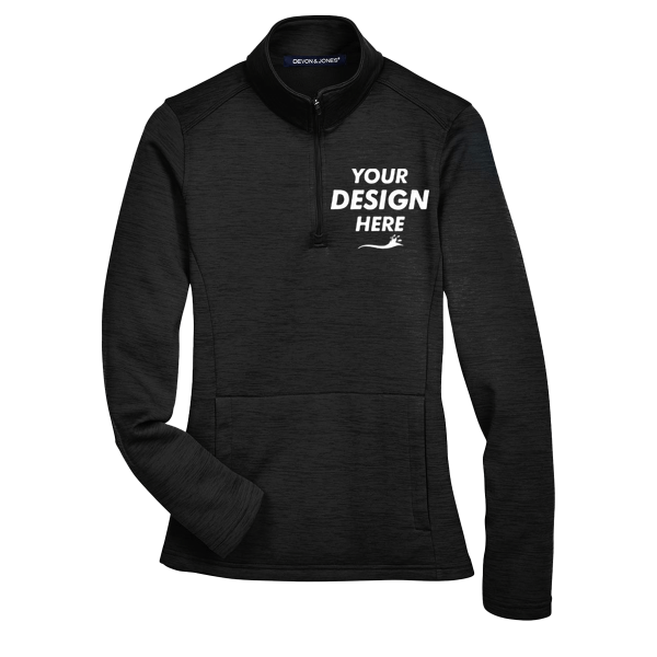 Devon & Jones Women's Newbury Mélange Fleece Quarter-Zip Pullover, Black Heather, Front view, Mockup