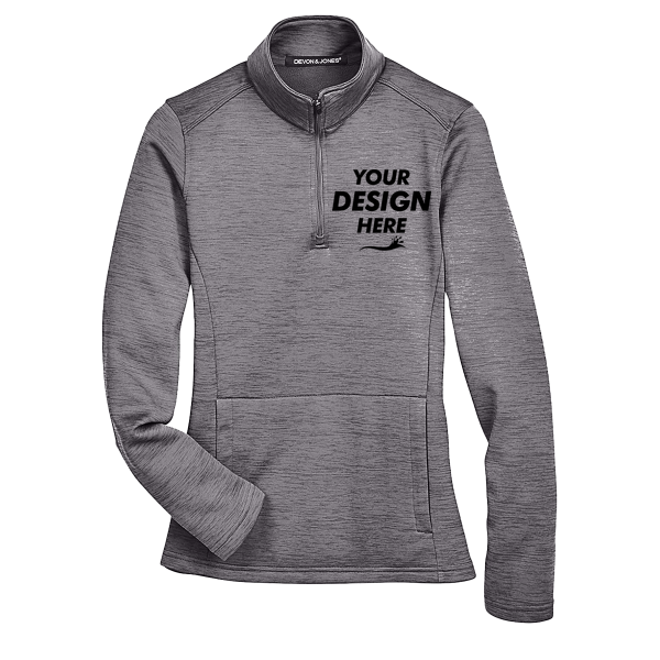 Devon & Jones Women's Newbury Mélange Fleece Quarter-Zip Pullover, Dark Grey Heather, Front view, Mockup
