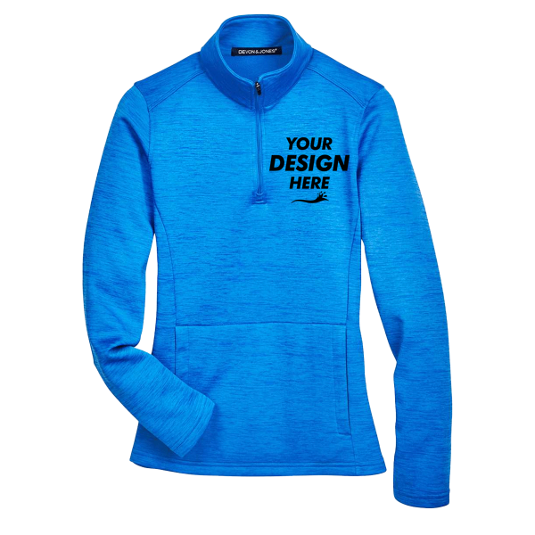 Devon & Jones Women's Newbury Mélange Fleece Quarter-Zip Pullover, French Blue Heather, Front view, Mockup