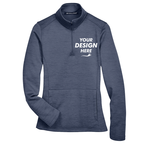 Devon & Jones Women's Newbury Mélange Fleece Quarter-Zip Pullover, Navy Heather, Front view, Mockup