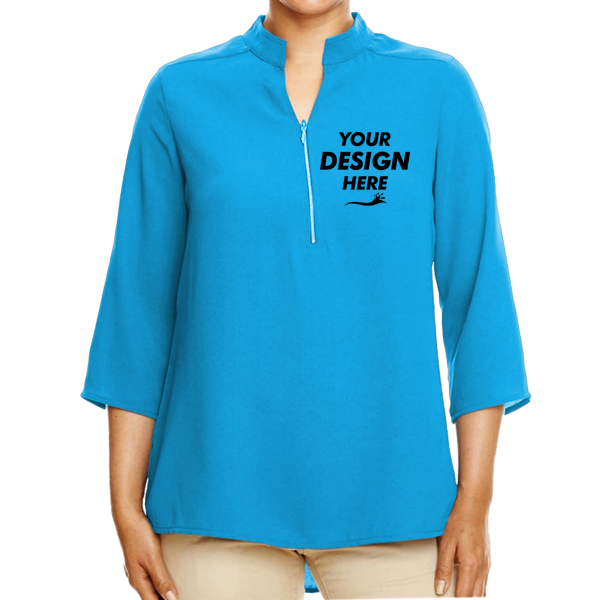 Devon & Jones Women's Perfect Fit™ Three-Quarter Sleeve Crepe Tunic, Ocean Blue, Front view, Mockup