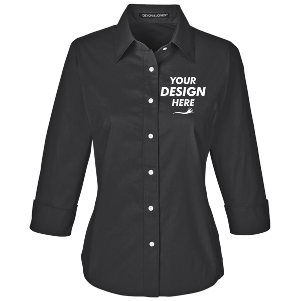 Devon & Jones Women's Perfect Fit™ Three-Quarter Sleeve Stretch Poplin Dress Shirt, Black, Front view, Mockup