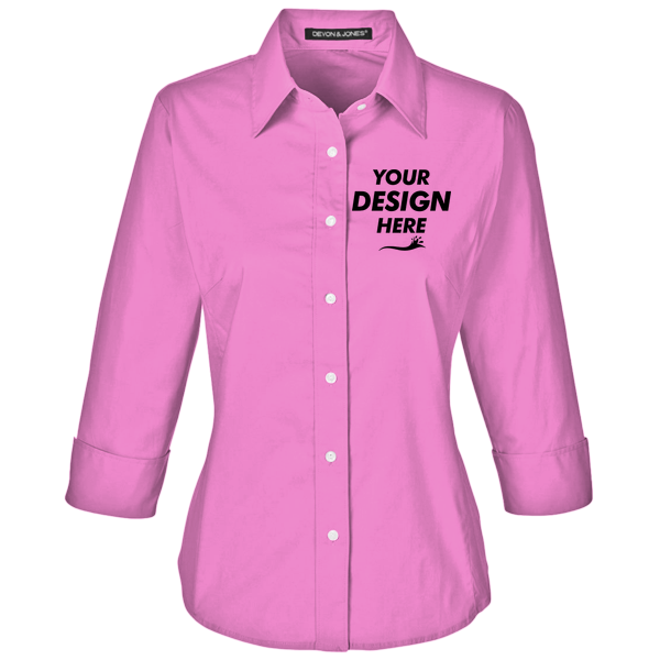 Devon & Jones Women's Perfect Fit™ Three-Quarter Sleeve Stretch Poplin Dress Shirt, Charity Pink, Front view, Mockup
