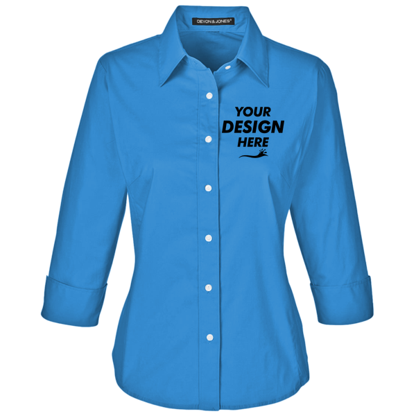 Devon & Jones Women's Perfect Fit™ Three-Quarter Sleeve Stretch Poplin Dress Shirt, French Blue, Front view, Mockup