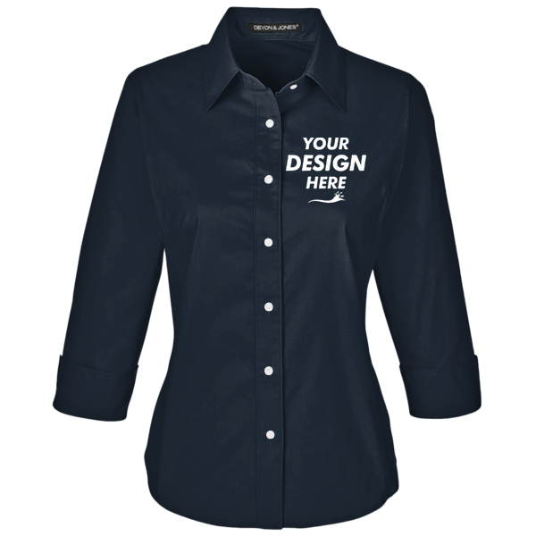 Devon & Jones Women's Perfect Fit™ Three-Quarter Sleeve Stretch Poplin Dress Shirt, Navy, Front view, Mockup