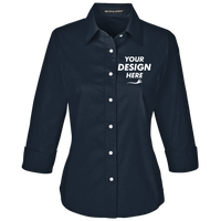 Devon & Jones Women's Perfect Fit™ Three-Quarter Sleeve Stretch Poplin Dress Shirt, Navy, Front view, Mockup