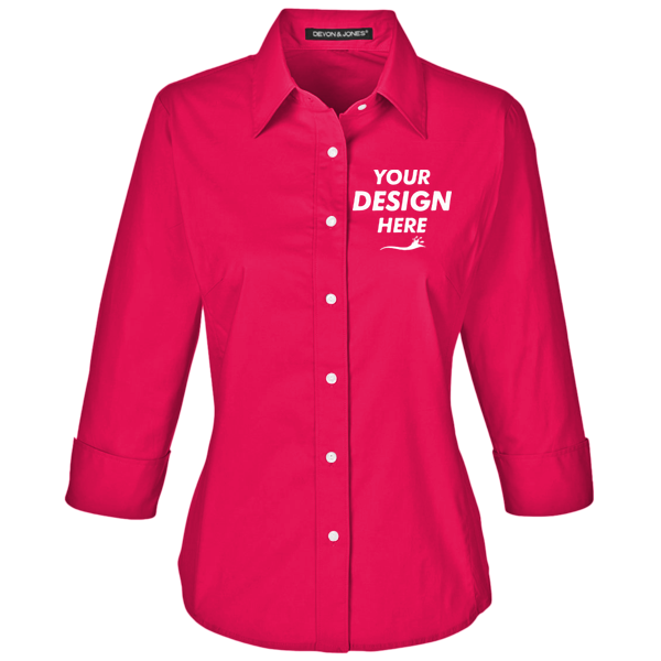 Devon & Jones Women's Perfect Fit™ Three-Quarter Sleeve Stretch Poplin Dress Shirt, Red, Front view, Mockup