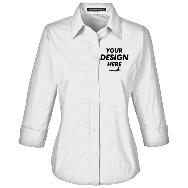 Devon & Jones Women's Perfect Fit™ Three-Quarter Sleeve Stretch Poplin Dress Shirt, White, Front view, Mockup