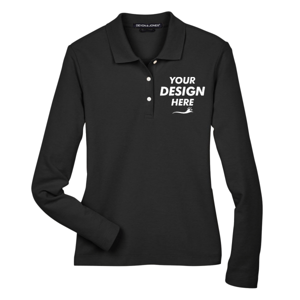 Devon & Jones Women's Pima Piqué Long Sleeve Polo, Black, Front view, Mockup