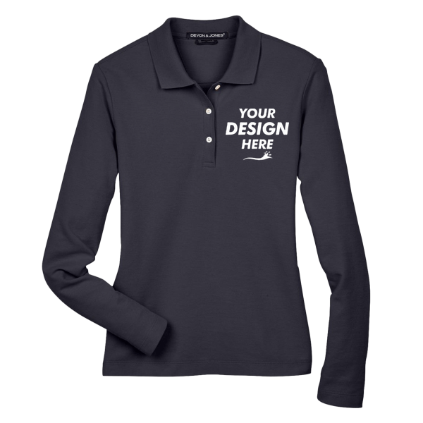 Devon & Jones Women's Pima Piqué Long Sleeve Polo, Navy, Front view, Mockup