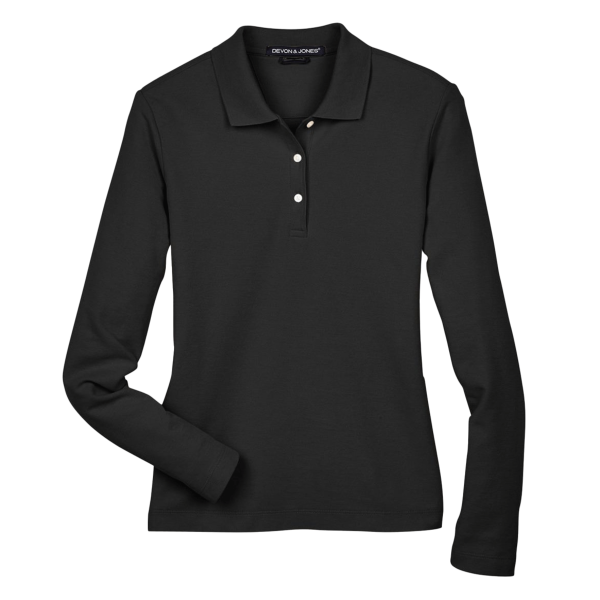 Devon & Jones Women's Pima Piqué Long Sleeve Polo, Black, Front view