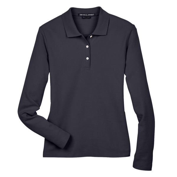 Devon & Jones Women's Pima Piqué Long Sleeve Polo, Navy, Front view