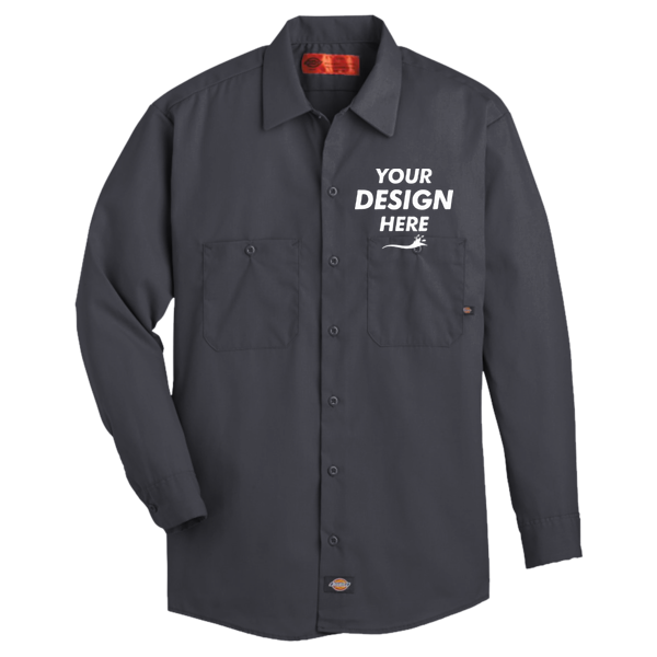 Dickies Men's Industrial Long Sleeve Work Shirt, Dark Charcoal, Front view, Mockup