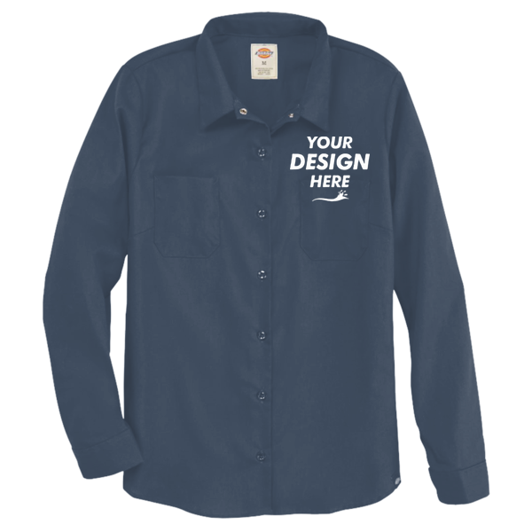 Dickies Women's Long Sleeve Industrial Work Shirt, Dark Navy, Front view, Mockup