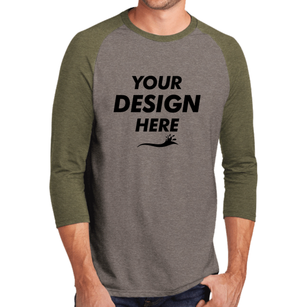District Perfect Tri ® 3/4 Sleeve Raglan, Military Green Frost / Grey Frost, Front view, Mockup