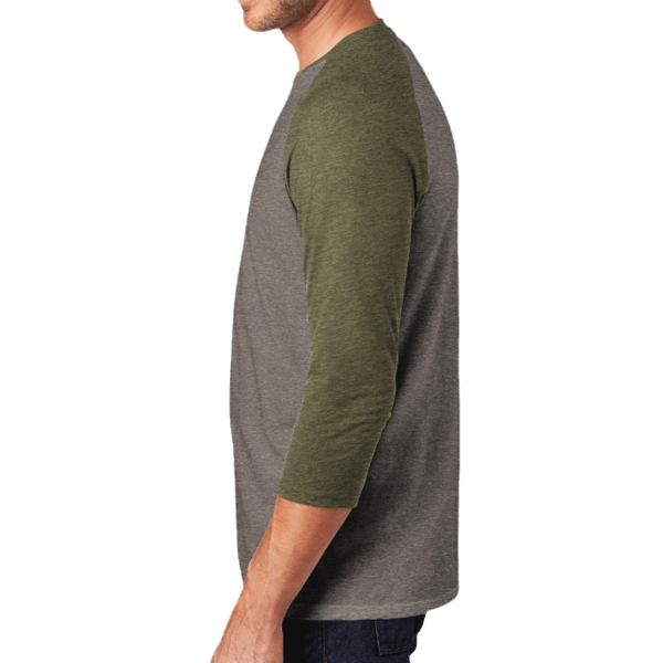 District Perfect Tri ® 3/4 Sleeve Raglan, Military Green Frost / Grey Frost, Left Sleeve view