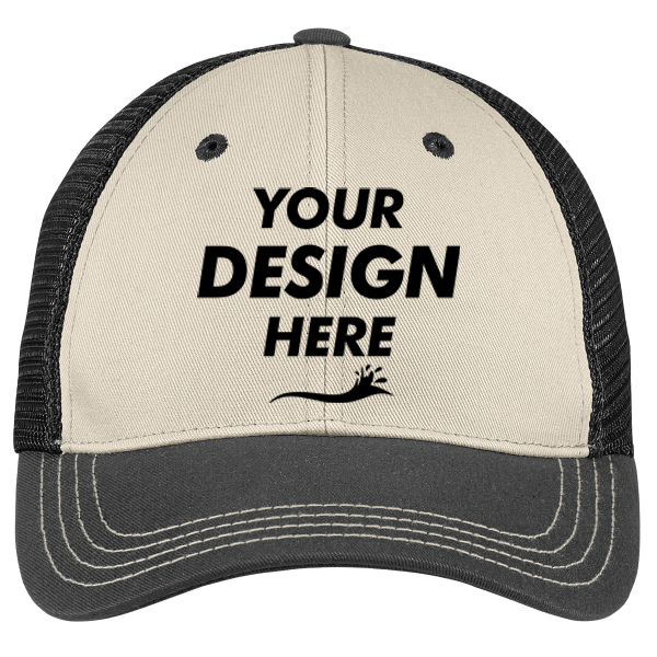 District Tri Tone Mesh Back Cap, Sandstone / Charcoal / Black, Headwear Front view, Mockup