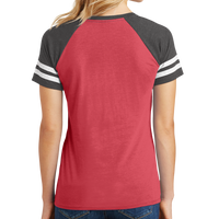 District Women's Game V Neck Tee, Heathered Red / Heathered Charcoal, Back view