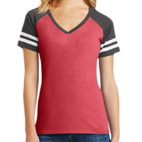 District Women's Game V Neck Tee, Heathered Red / Heathered Charcoal, Front view