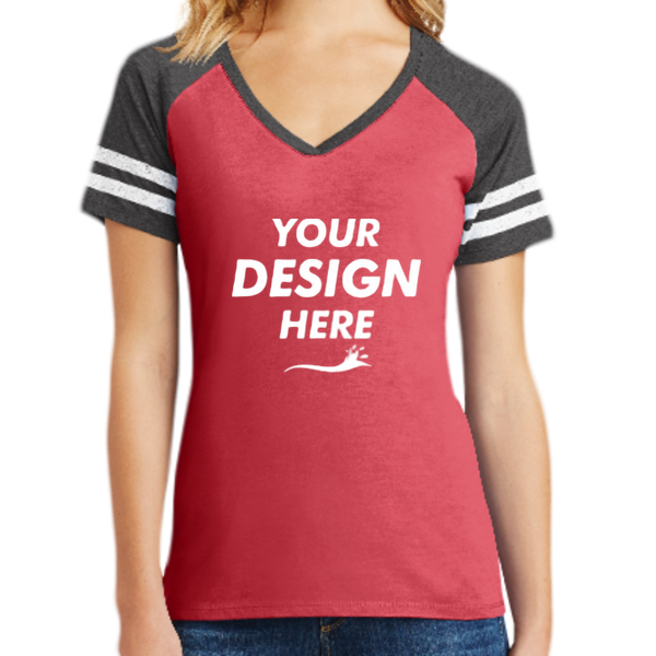 District Women's Game V Neck Tee, Heathered Red / Heathered Charcoal, Front view, Mockup