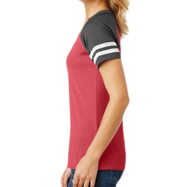District Women's Game V Neck Tee, Heathered Red / Heathered Charcoal, Left side view