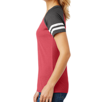 District Women's Game V Neck Tee, Heathered Red / Heathered Charcoal, Left side view