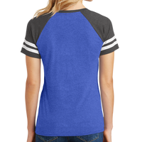 District Women's Game V Neck Tee, Heathered True Royal / Heathered Charcoal, Back view