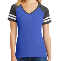 District Women's Game V Neck Tee, Heathered True Royal / Heathered Charcoal, Front view