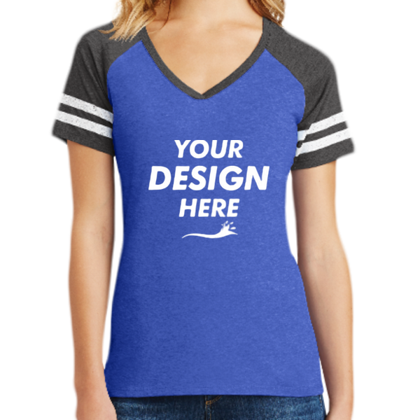 District Women's Game V Neck Tee, Heathered True Royal / Heathered Charcoal, Front view, Mockup
