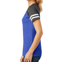 District Women's Game V Neck Tee, Heathered True Royal / Heathered Charcoal, Left side view