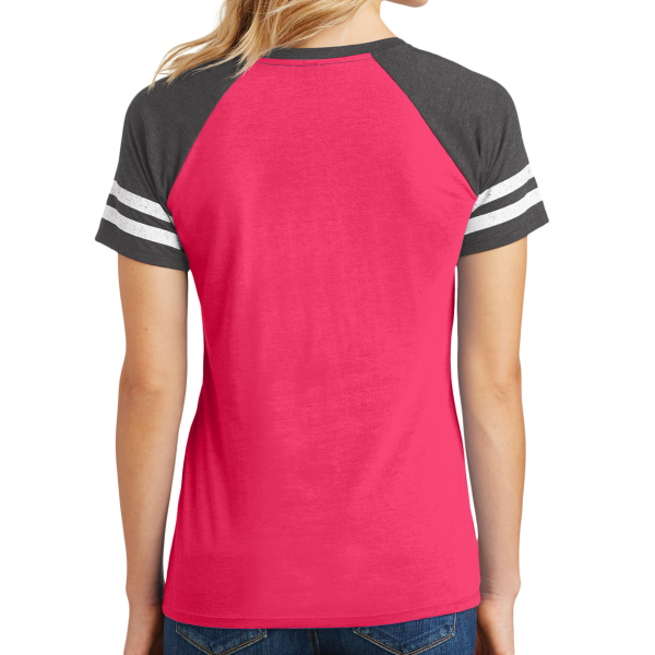 District Women's Game V Neck Tee, Heathered Watermelon / Heathered Charcoal, Back view