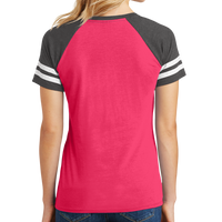 District Women's Game V Neck Tee, Heathered Watermelon / Heathered Charcoal, Back view