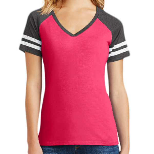 District Women's Game V Neck Tee, Heathered Watermelon / Heathered Charcoal, Front view