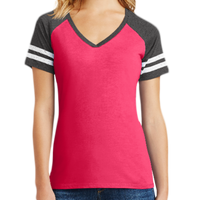 District Women's Game V Neck Tee, Heathered Watermelon / Heathered Charcoal, Front view