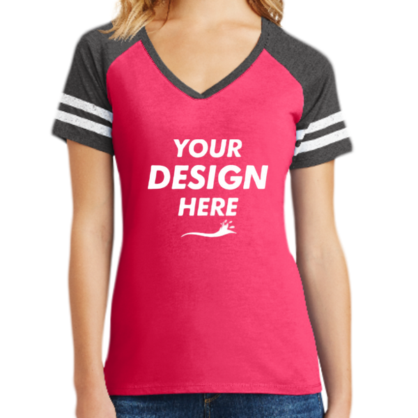 District Women's Game V Neck Tee, Heathered Watermelon / Heathered Charcoal, Front view, Mockup