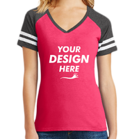 District Women's Game V Neck Tee, Heathered Watermelon / Heathered Charcoal, Front view, Mockup