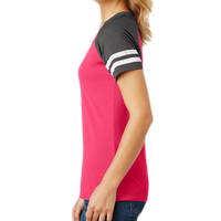 District Women's Game V Neck Tee, Heathered Watermelon / Heathered Charcoal, Left side view
