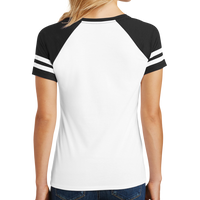 District Women's Game V Neck Tee, White / Black, Back view