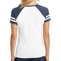 District Women's Game V Neck Tee, White / Heathered True Navy, Back view