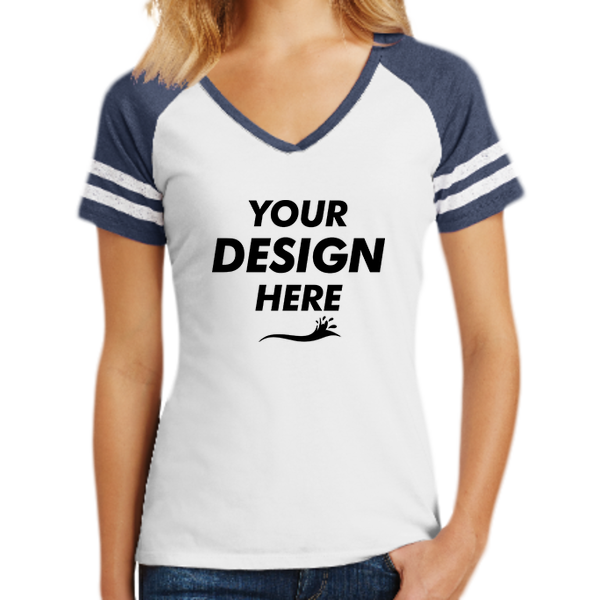 District Women's Game V Neck Tee, White / Heathered True Navy, Front view, Mockup